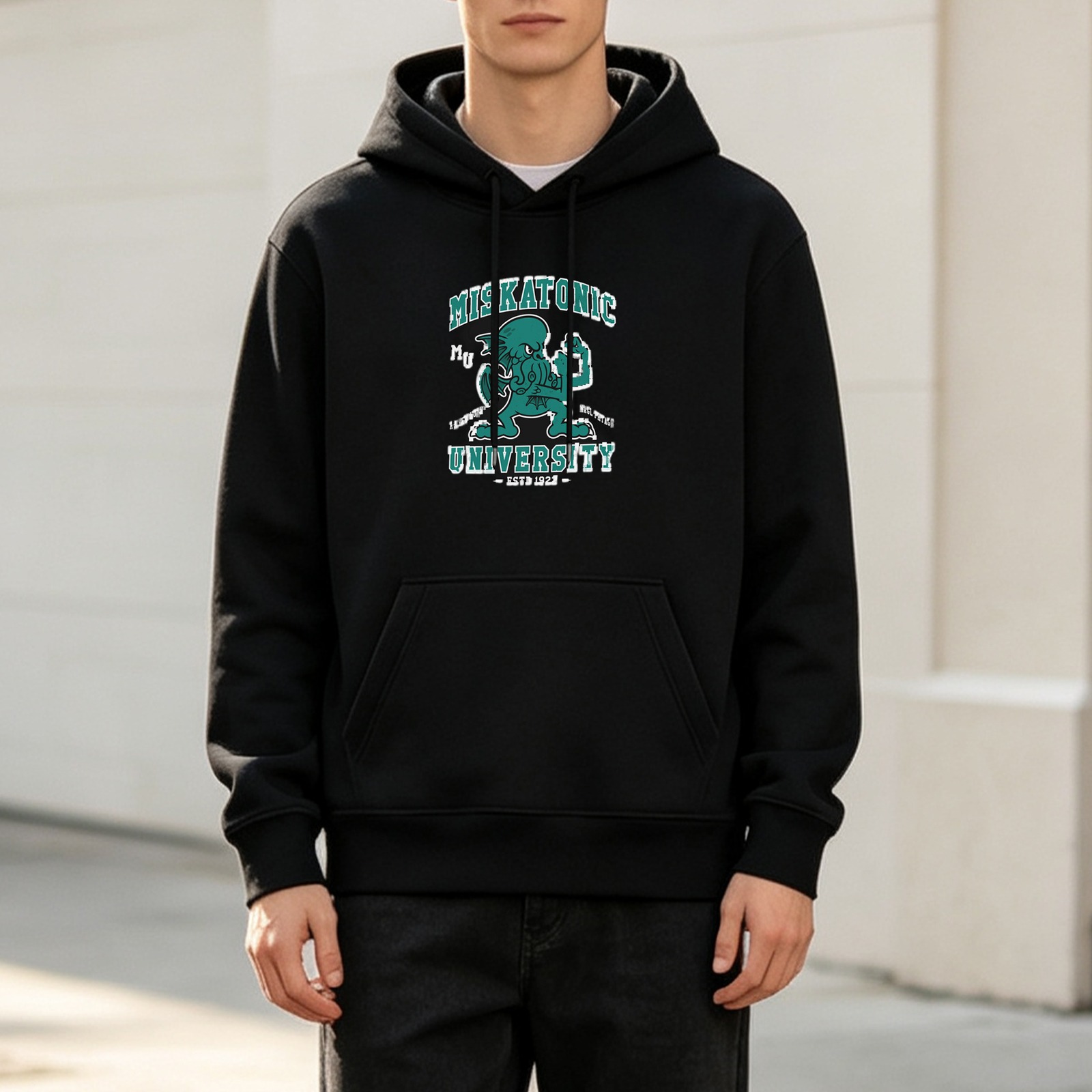 Black hoodie with Miskatonic University Cthulhu graphic print