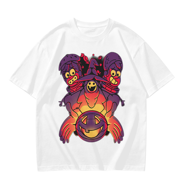 Olive T-Shirt With Halloween Three-Headed Witch And Jack-O'-Lantern Print