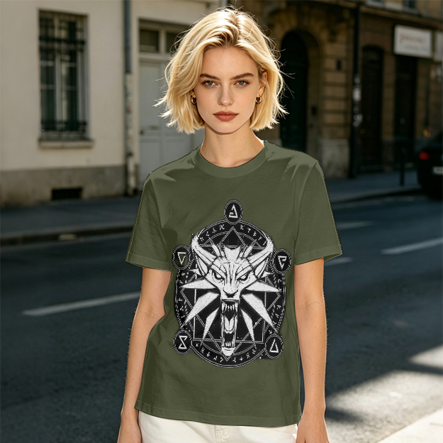 Olive T-Shirt With Witcher Wolf Medallion Magic Circle Print