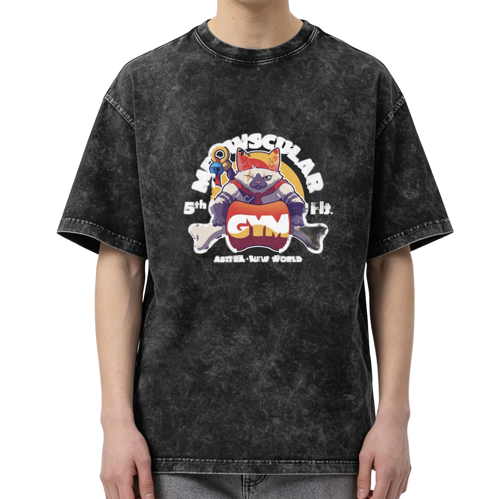 Oversized Vintage Wash T-Shirt with 'Meowscular Gym' Graphic Print