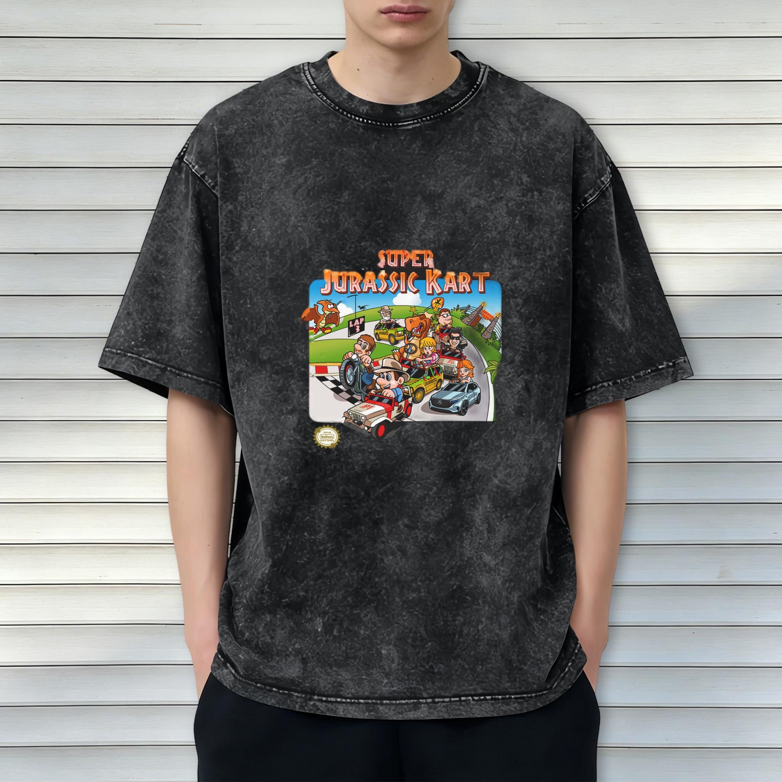 Super Jurassic Kart retro washed distressed printed short-sleeved T-shirt men's loose casual top