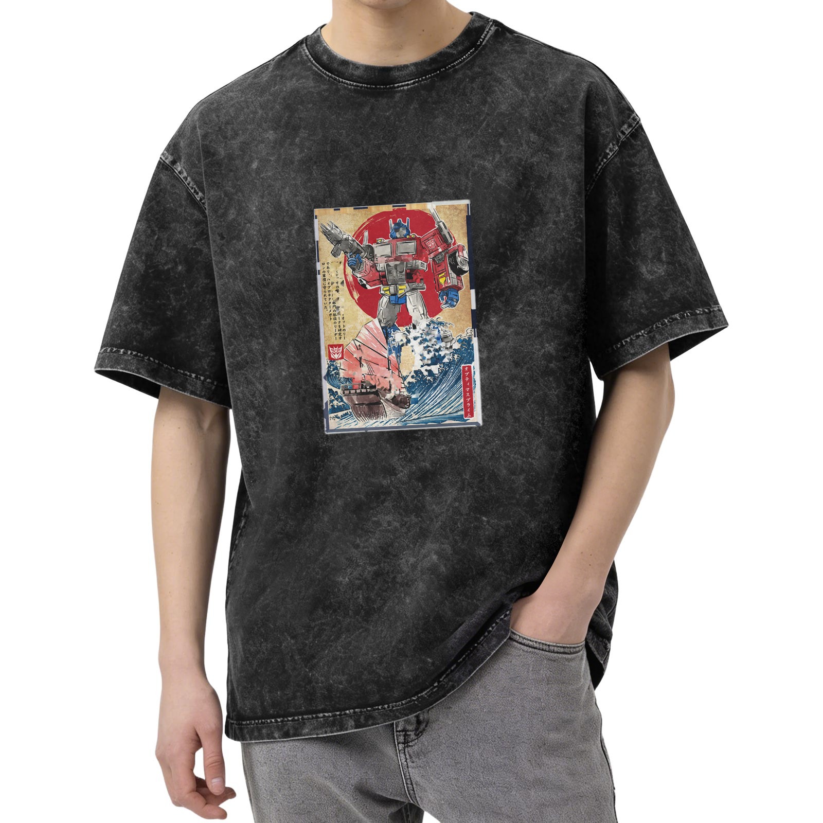 Washed Black T-Shirt with Transformers Ukiyo-e Style Graphic