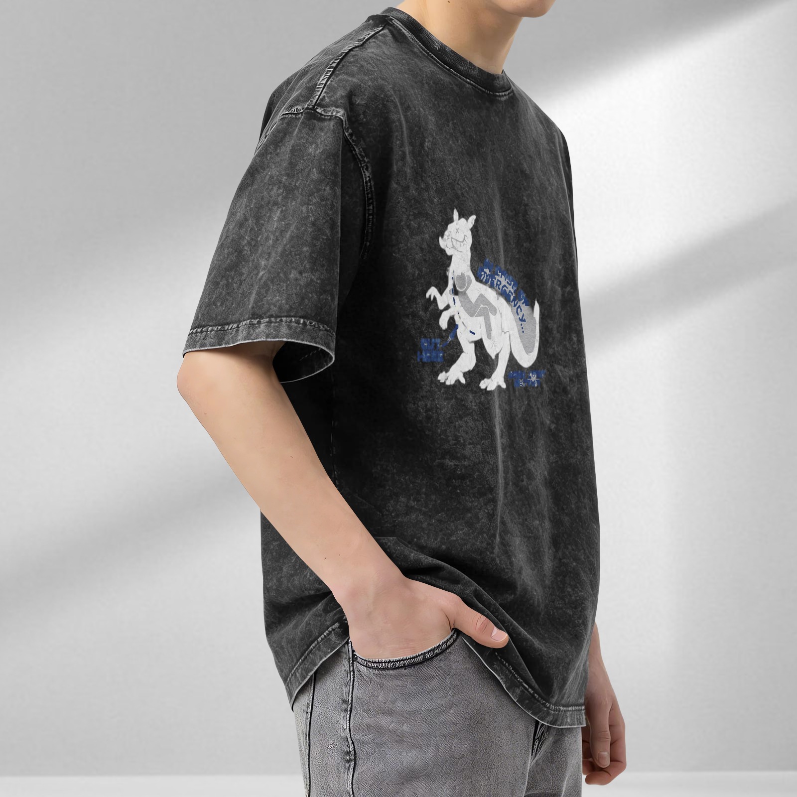 Oversized Acid Wash Graphic T-Shirt with Dinosaur Print