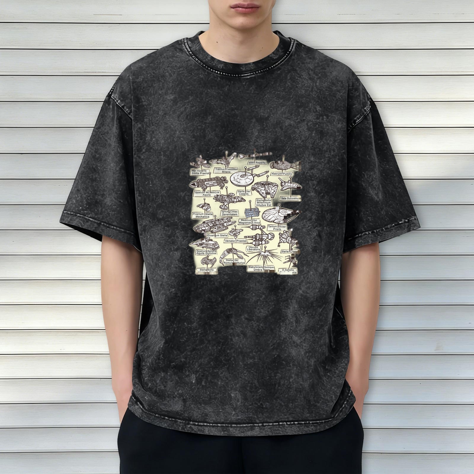Retro washed black sci-fi spaceship print short-sleeved T-shirt