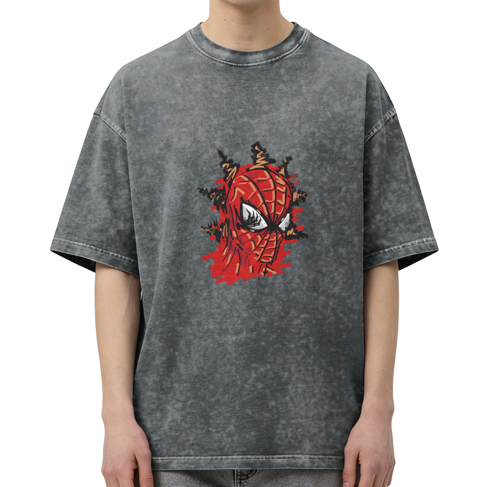 Oversized Acid Wash T-Shirt with Spider-Man Graphic Print