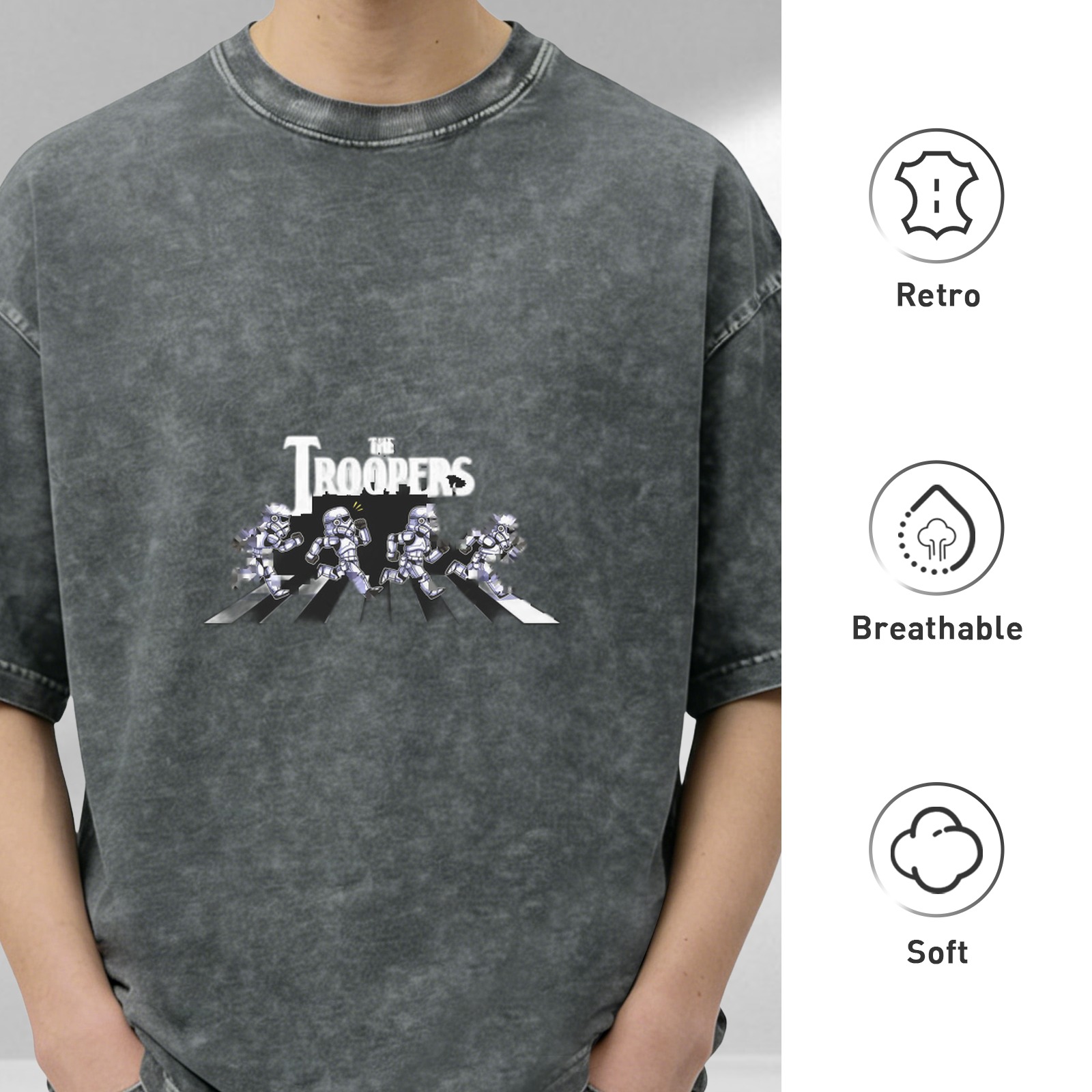 Oversized dark washed graphic t-shirt with Star Wars troopers Abbey Road parody