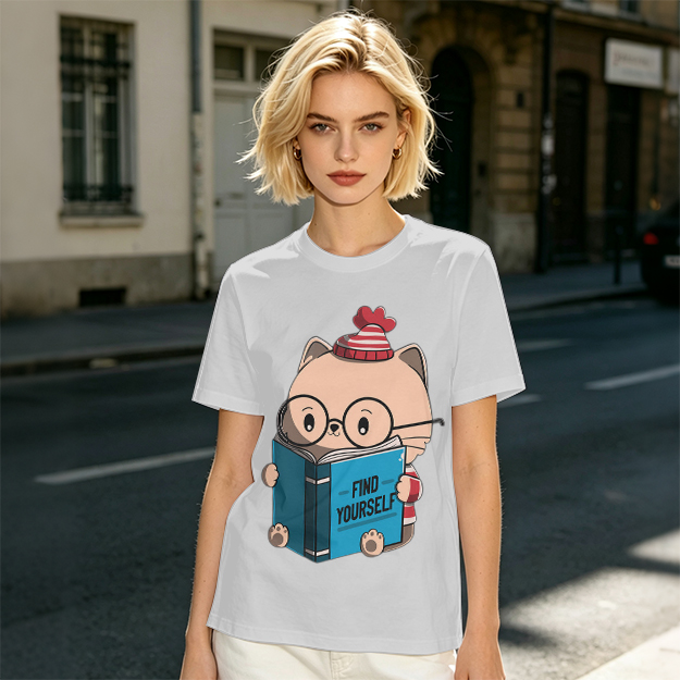 Olive T-shirt with Cute Reading Cat Graphic 'Find Yourself'