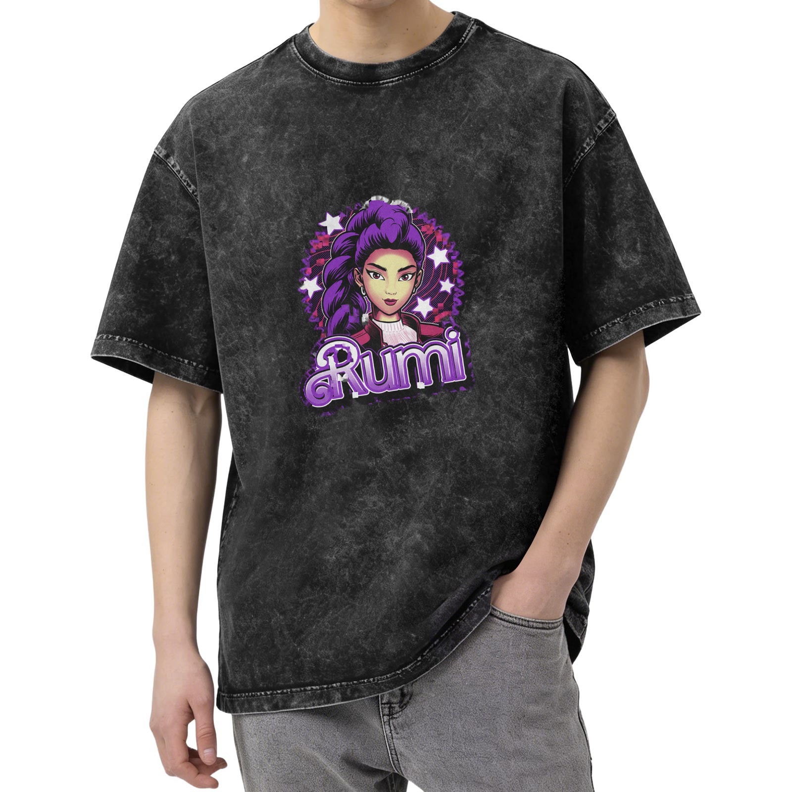 Oversized Black Acid Wash T-Shirt With Rumi Graphic Print