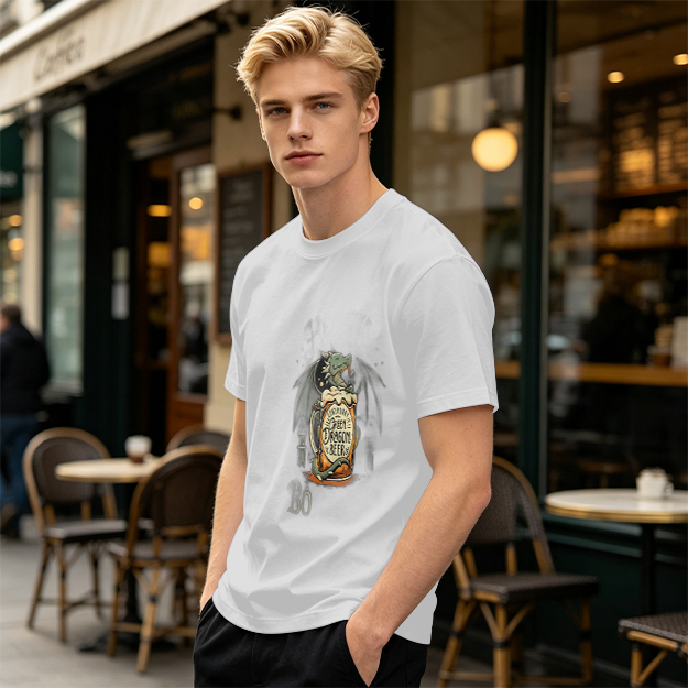 Olive Green T-Shirt with Dragon Beer Mug Graphic Print