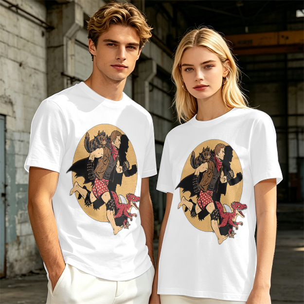 Olive T-Shirt With Fantasy Running Character And Creatures Print