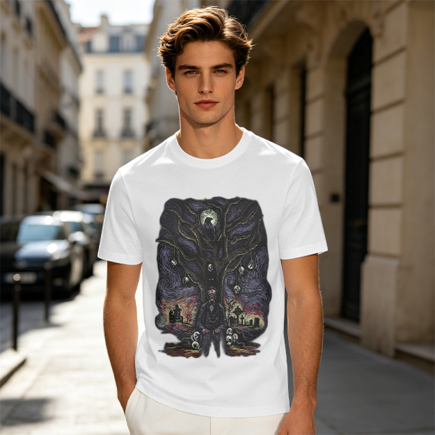 Olive t-shirt with gothic tree raven and graveyard graphic