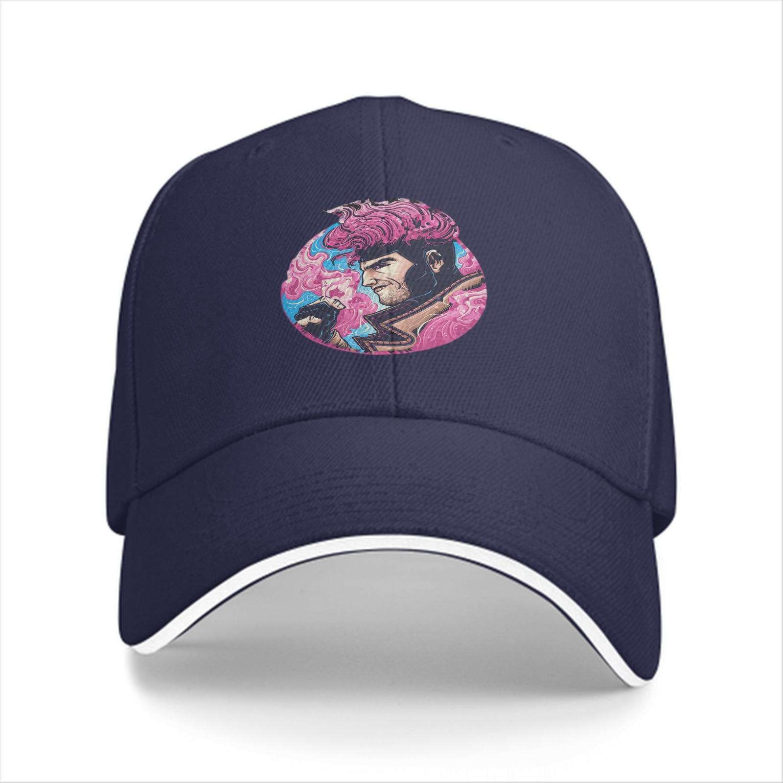 Black Baseball Cap With Pink Superhero Character Art Print