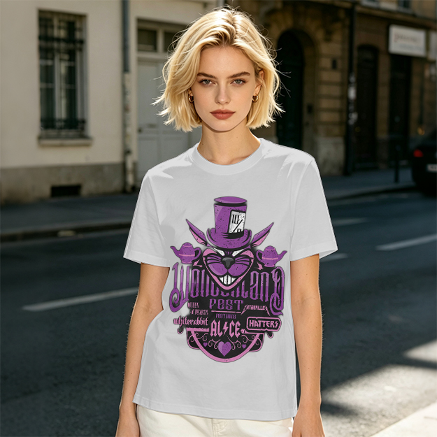 Olive T-Shirt with Wonderland Cheshire Cat Mad Hatter Print