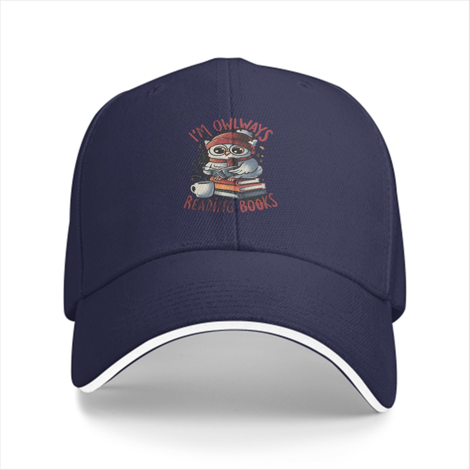 Black baseball cap with owl reading books pun graphic
