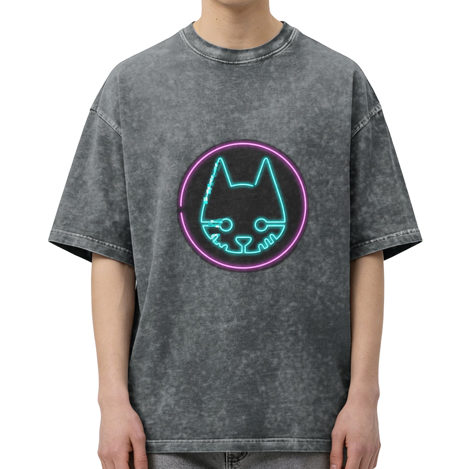 Oversized Vintage Wash T-Shirt with Neon Cyberpunk Cat Graphic Print