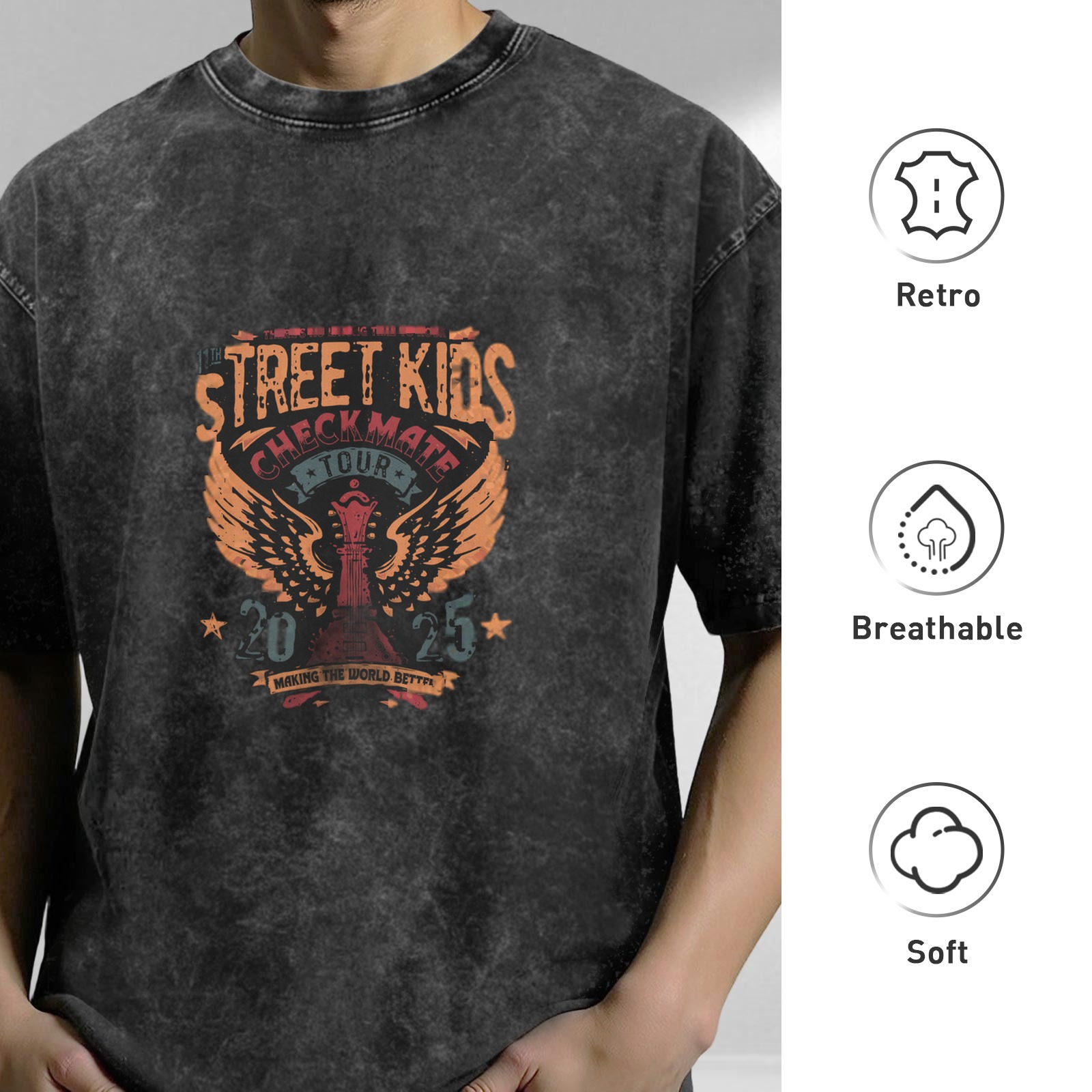 Washed black graphic tee with Street Kids Checkmate Tour 2025 print