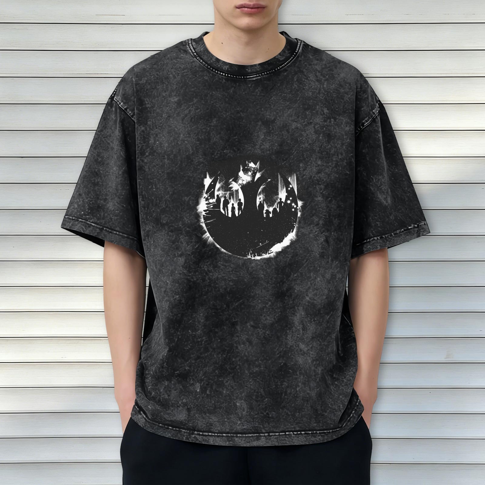 Distressed black round neck short-sleeved T-shirt Star Wars themed printed loose top