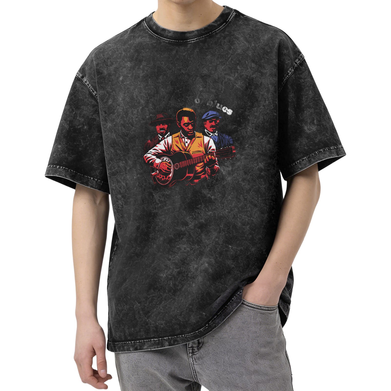 Washed Black Graphic Tee with Blues Musician Illustration