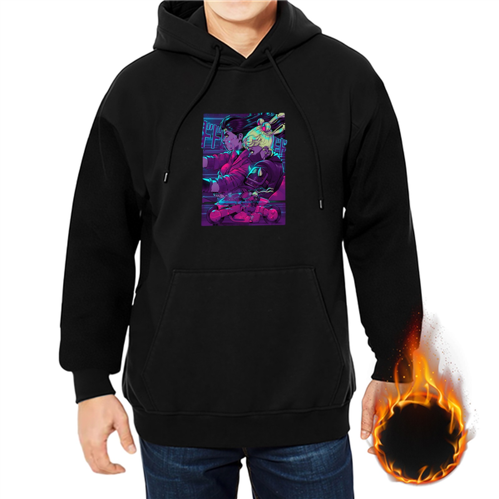 Black hoodie with cyberpunk anime graphic print