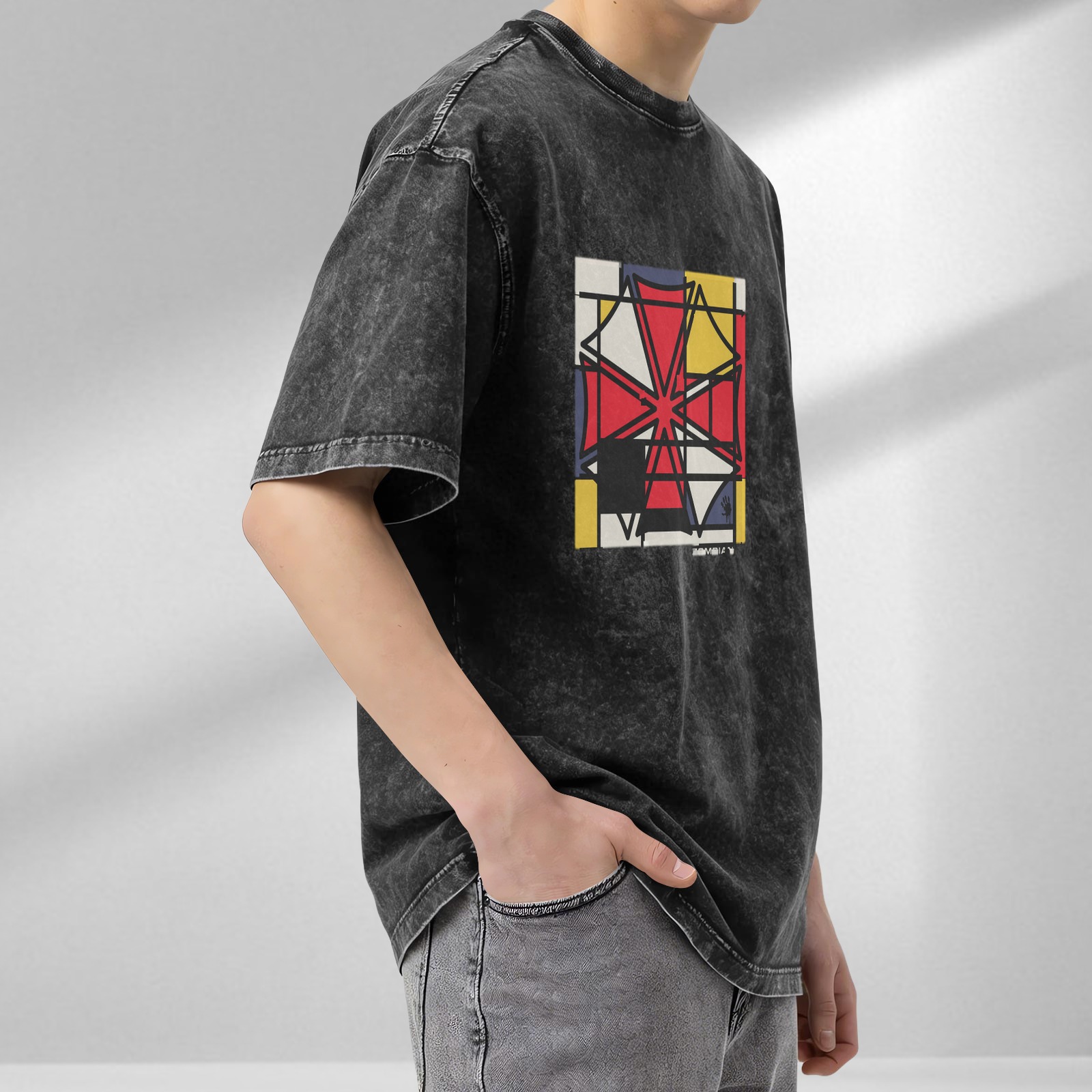 Oversized Acid Wash T-Shirt With Abstract Geometric Art Print