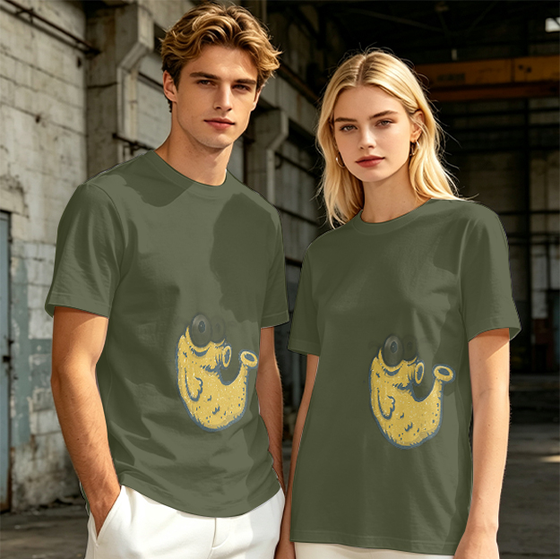Olive Green T-Shirt With Whimsical Yellow Monster Graphic