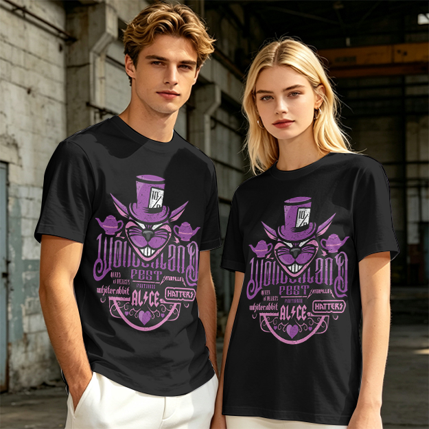 Olive T-Shirt with Wonderland Cheshire Cat Mad Hatter Print