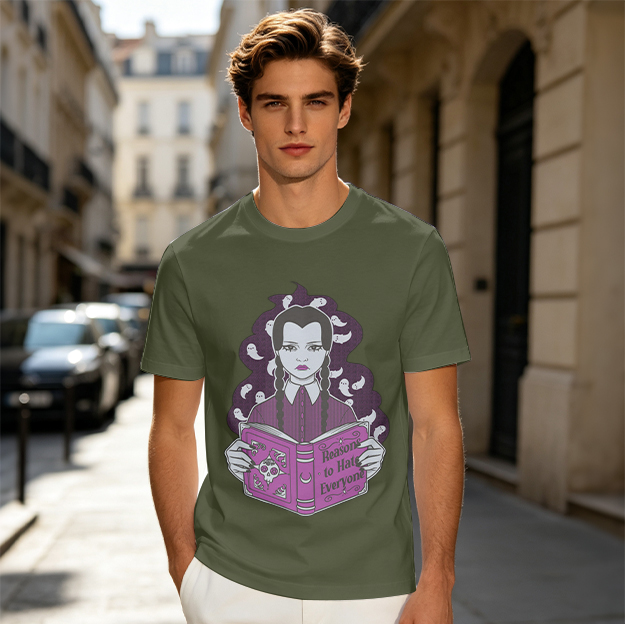 Olive T-shirt with Wednesday Addams holding a 'Reasons to Hate Everyone' book
