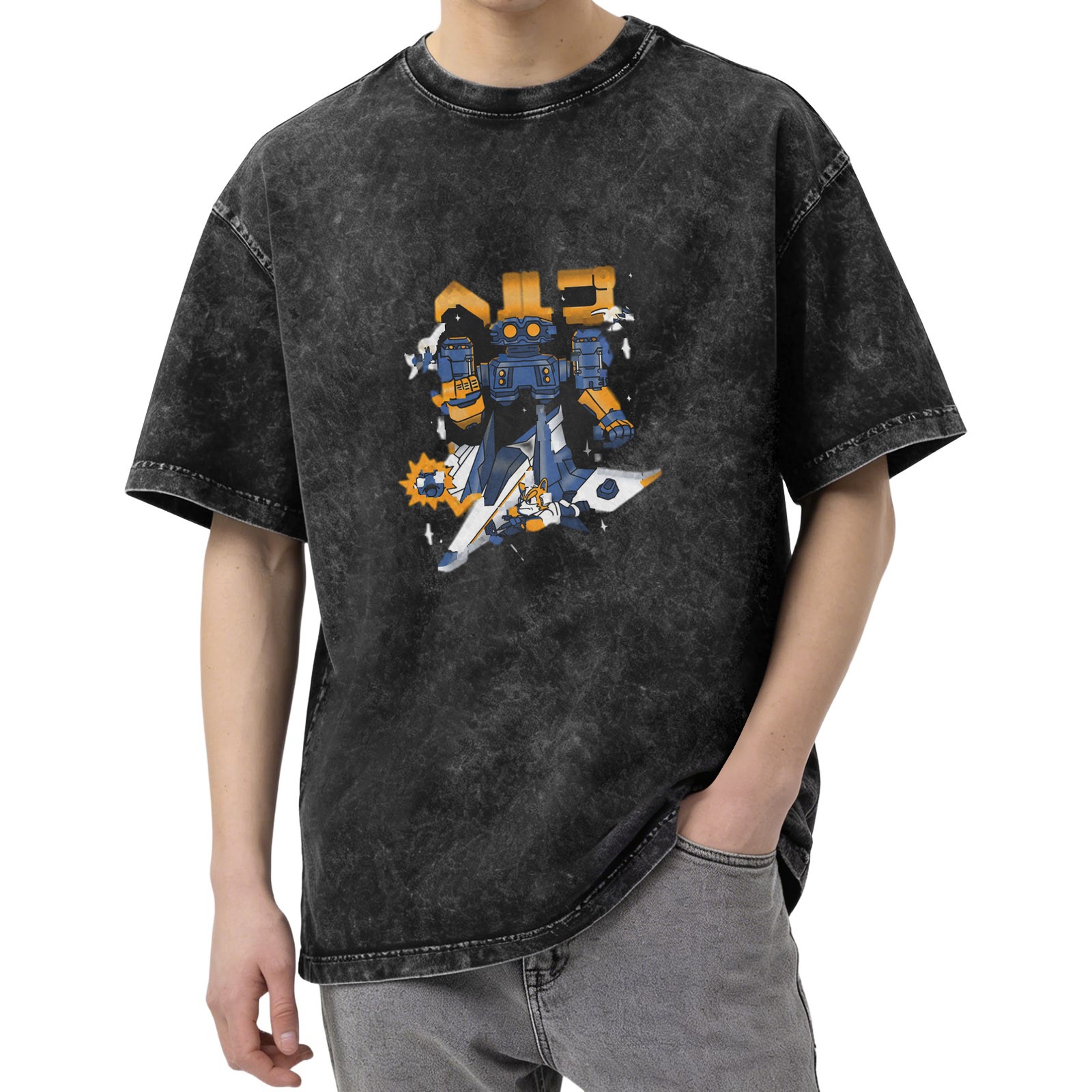 Oversized Black Stone Wash T-Shirt with Robot Graphic Print