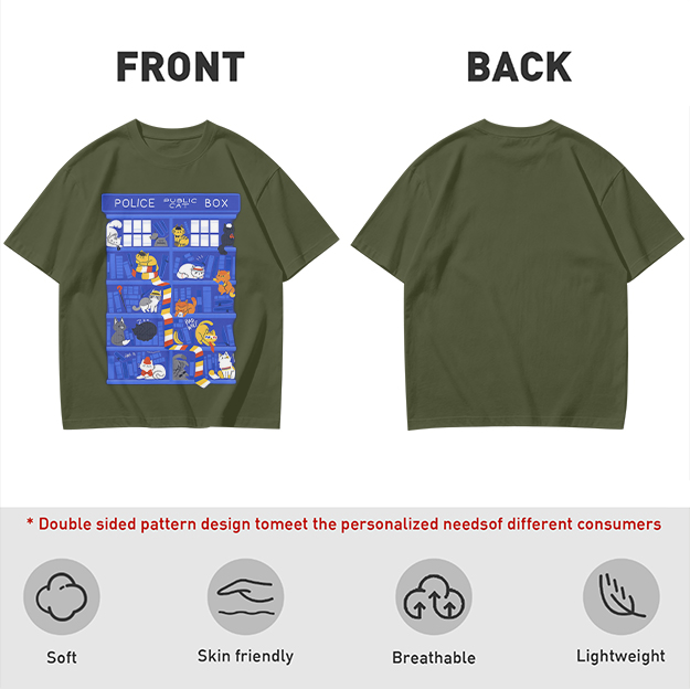 Olive T-Shirt with Police Box and Playful Cats Graphic