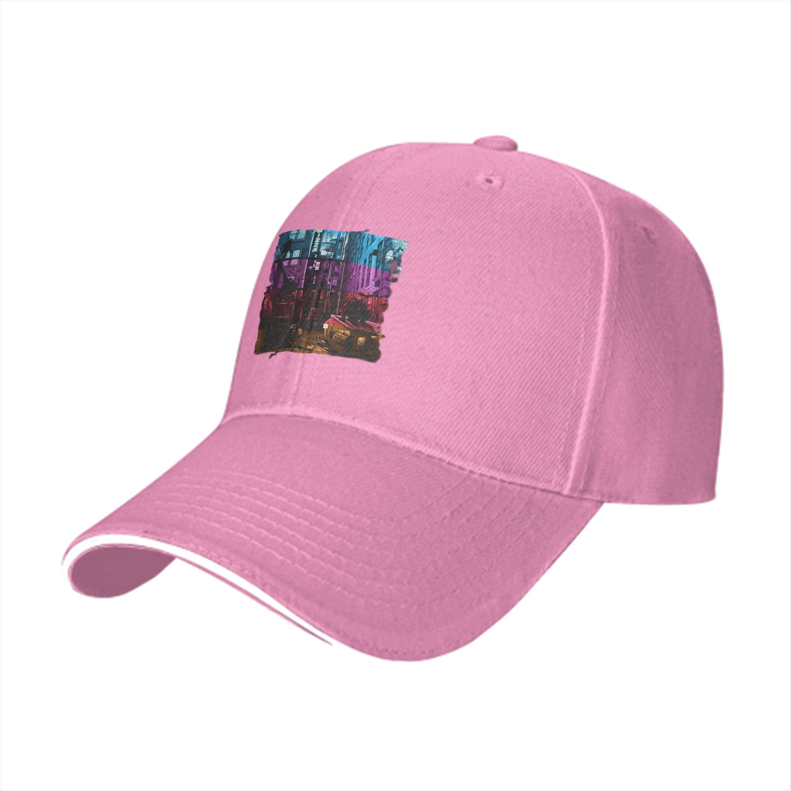 Black Baseball Cap with Neon Cyberpunk Cityscape Graphic