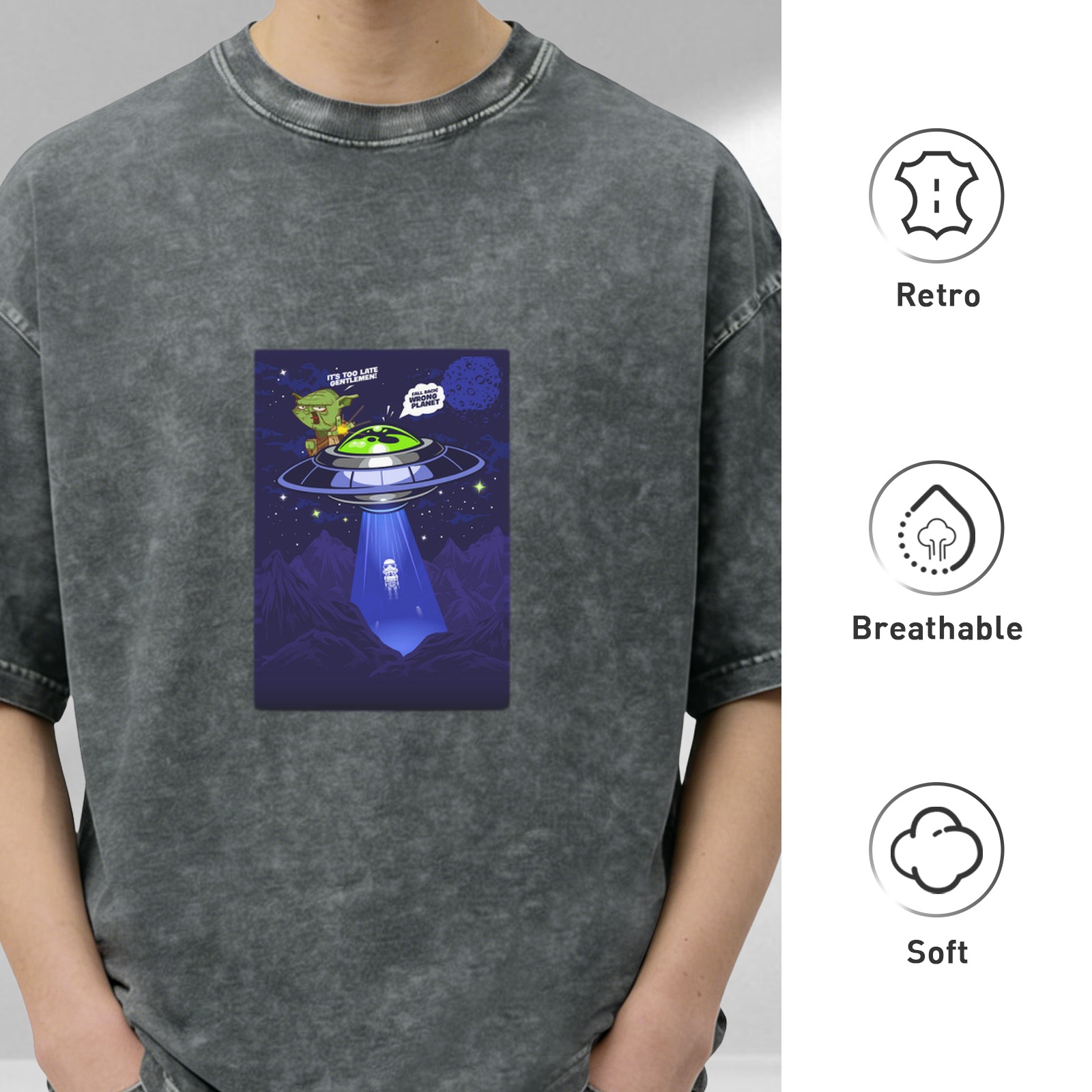 Oversized acid wash t-shirt with alien UFO abduction graphic
