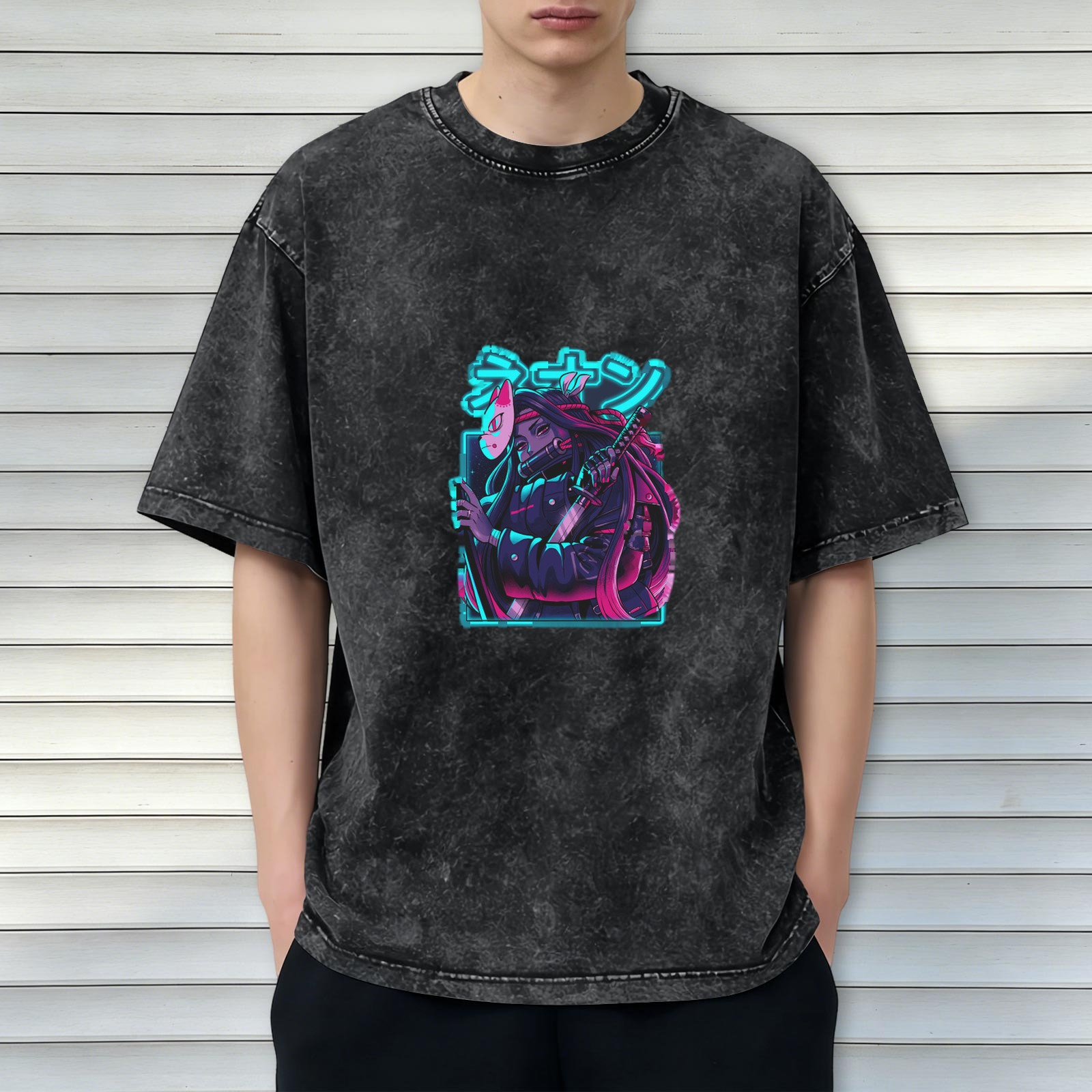 Oversized Acid Wash T-Shirt With Neon Anime Samurai Graphic