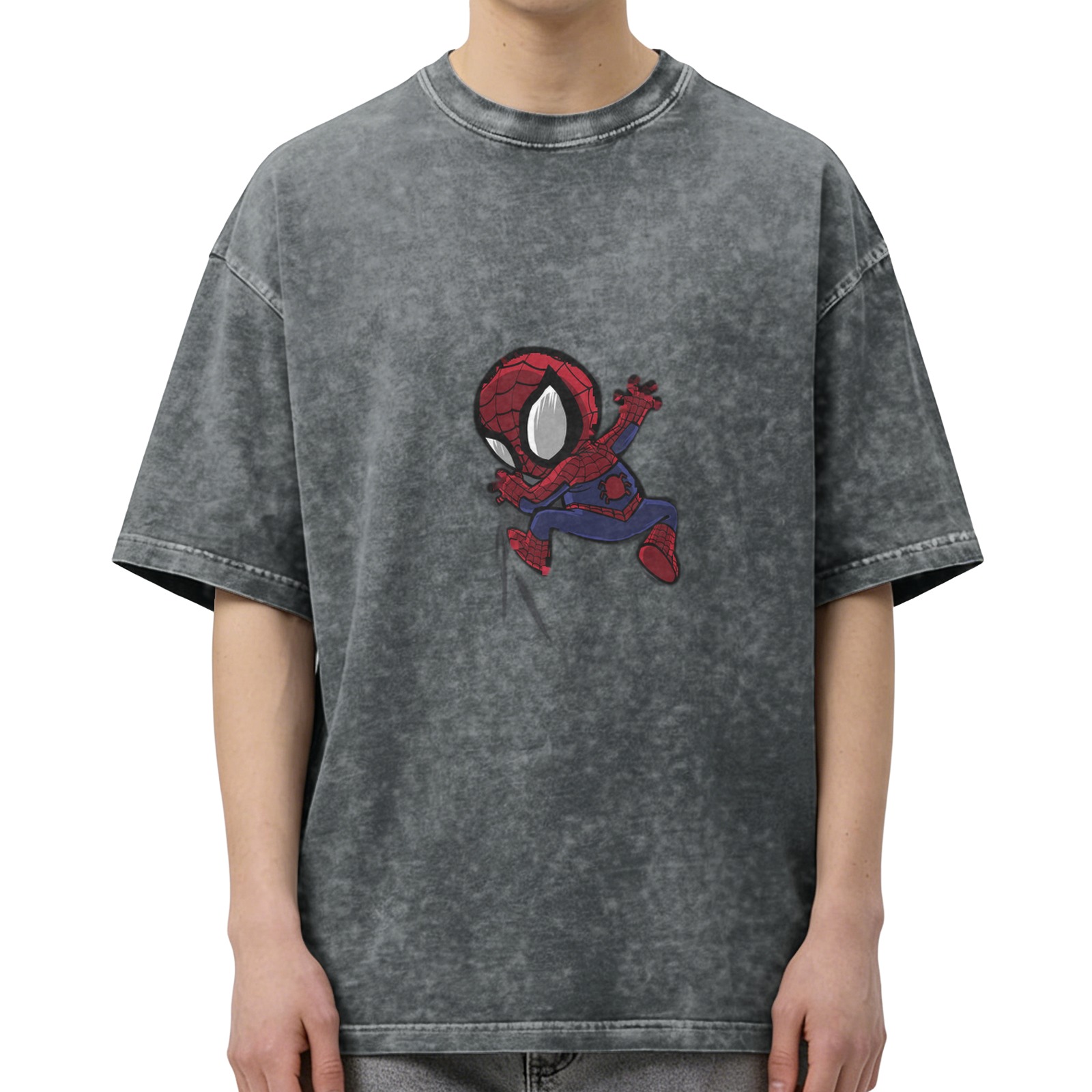 Distressed washed black cartoon Spider-Man print loose short-sleeved T-shirt