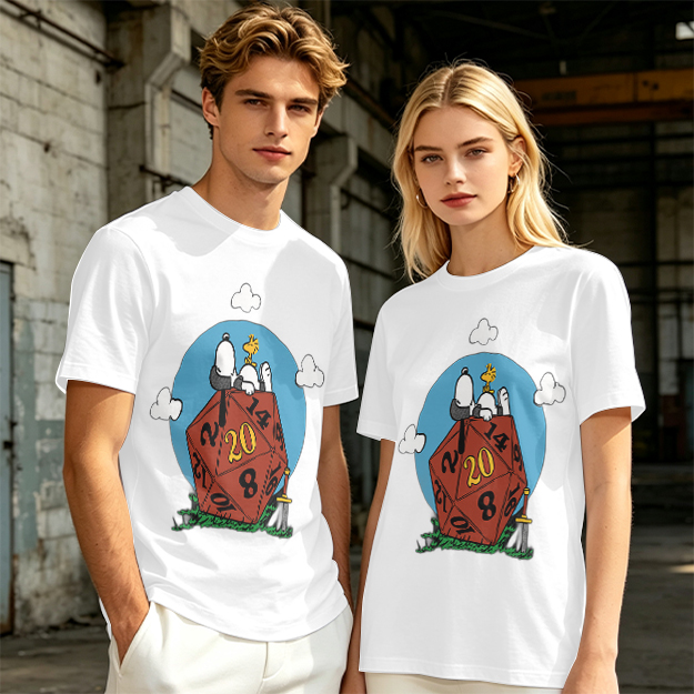 Snoopy and Woodstock on a D20 Dice Graphic T-Shirt