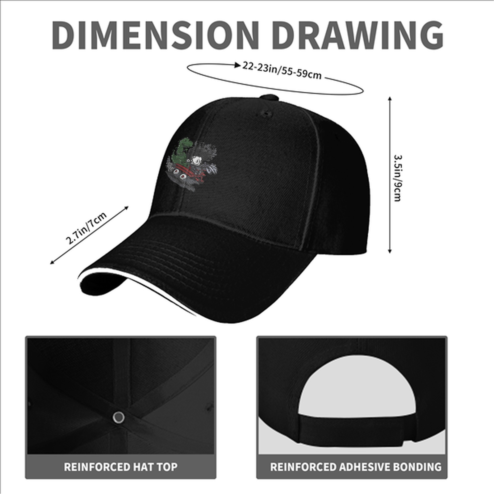 Black baseball cap with anime villain graphic print