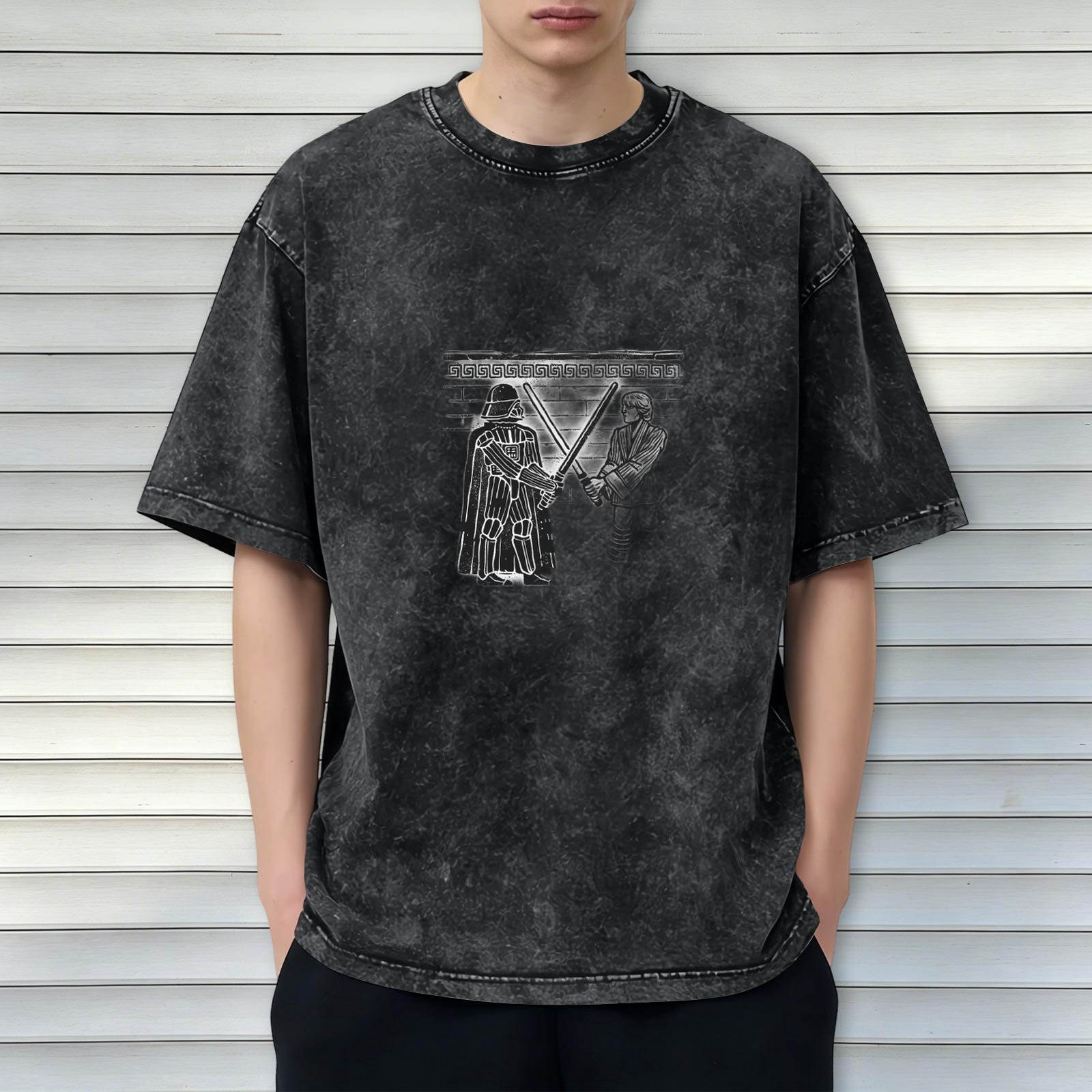 Washed Cotton T-Shirt with Darth Vader vs Luke Lightsaber Duel Art