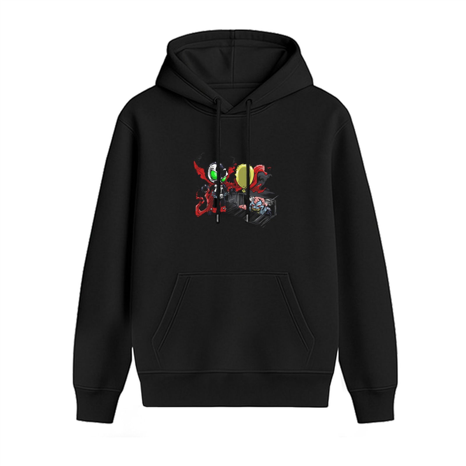 Black hoodie with chibi Spawn and clown balloon graphic