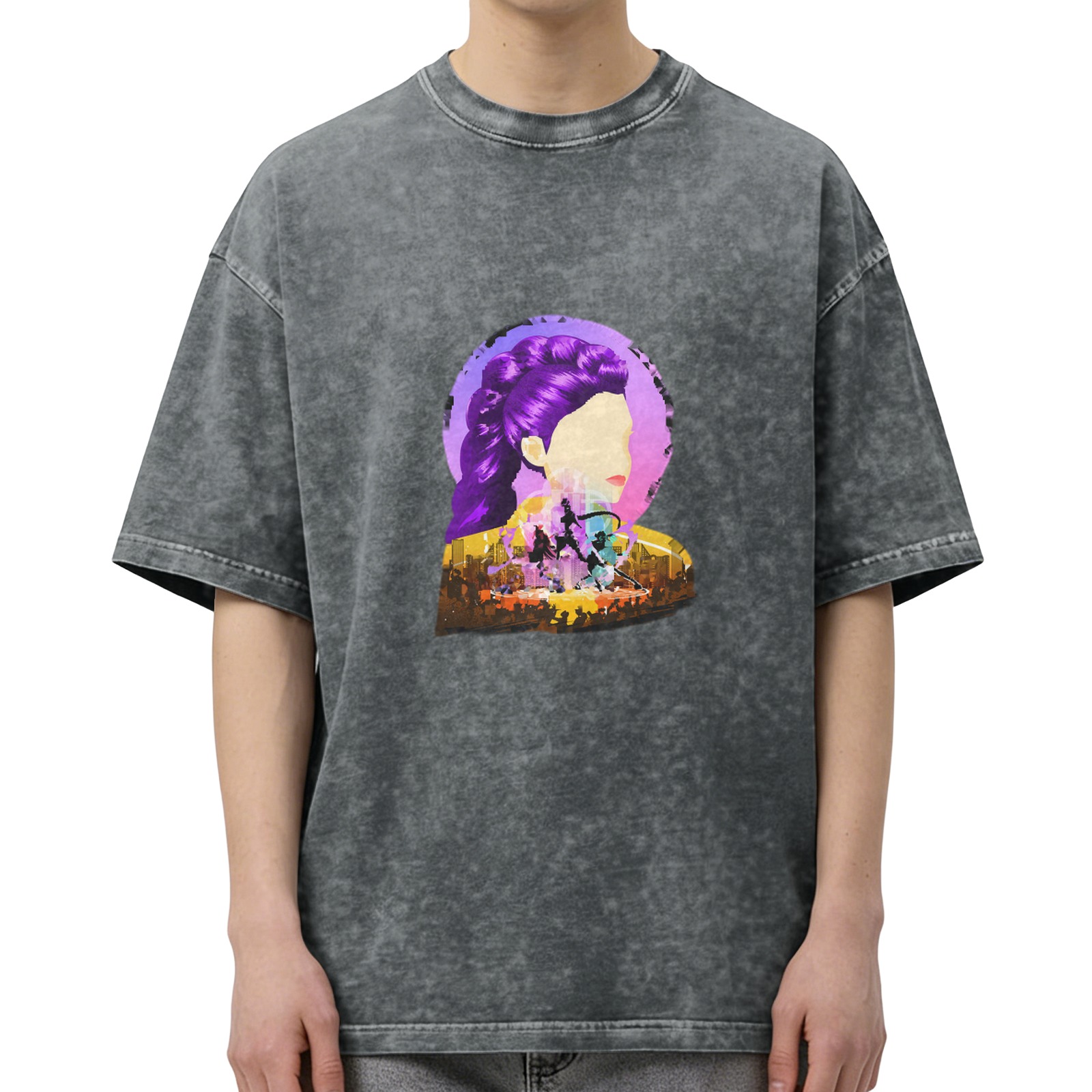 Oversized Acid Wash Graphic T-Shirt with Stylized Purple-Haired Woman Art Print