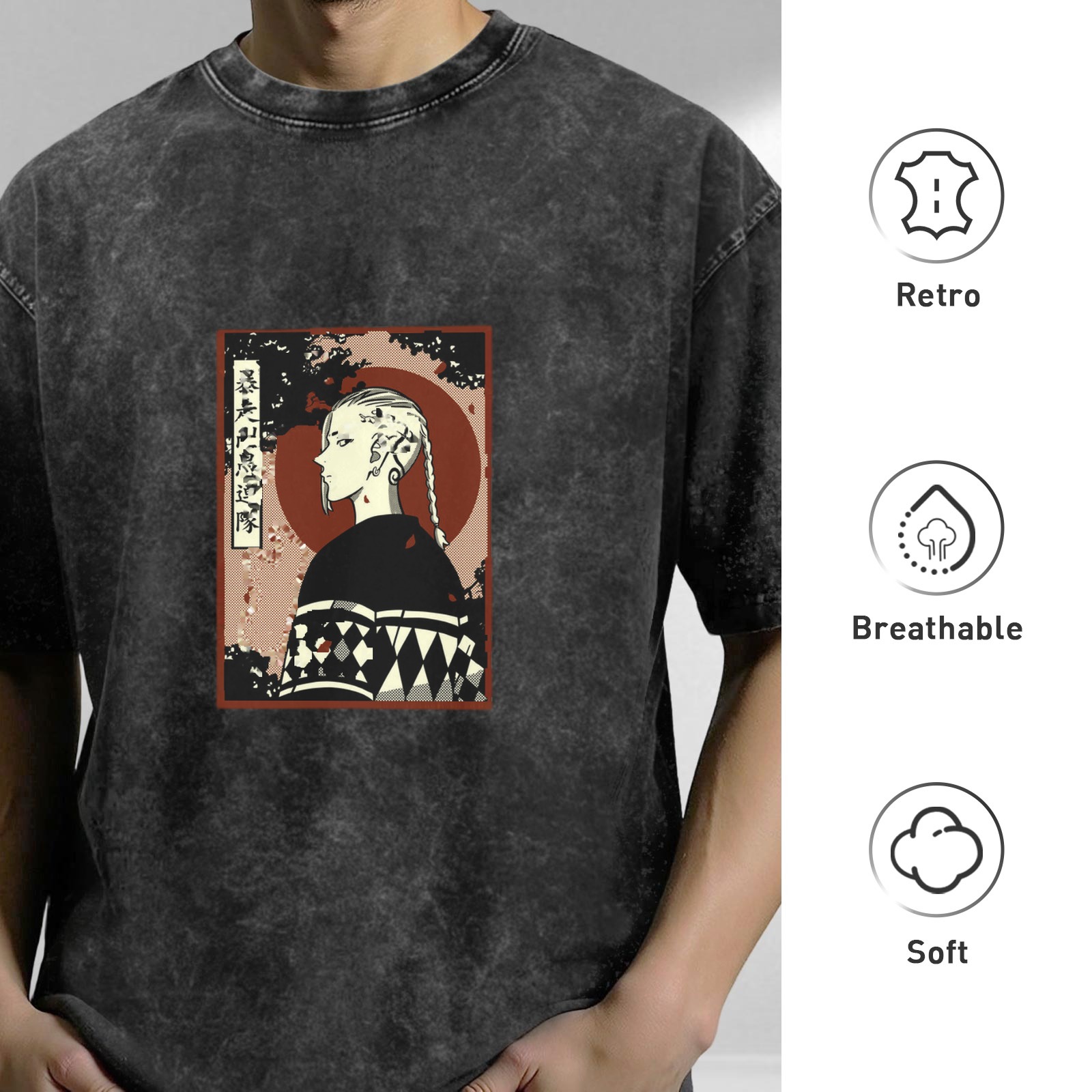 Retro washed black anime character printed short-sleeved T-shirt Street style loose shoulder top
