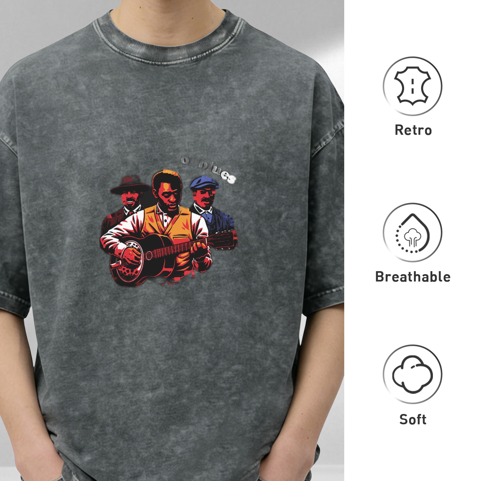 Washed Black Graphic Tee with Blues Musician Illustration