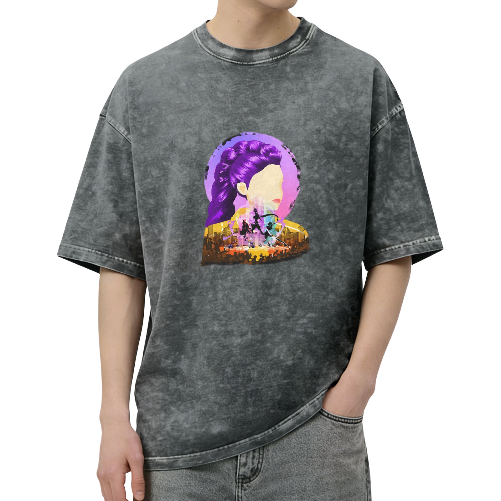 Oversized Acid Wash Graphic T-Shirt with Stylized Purple-Haired Woman Art Print
