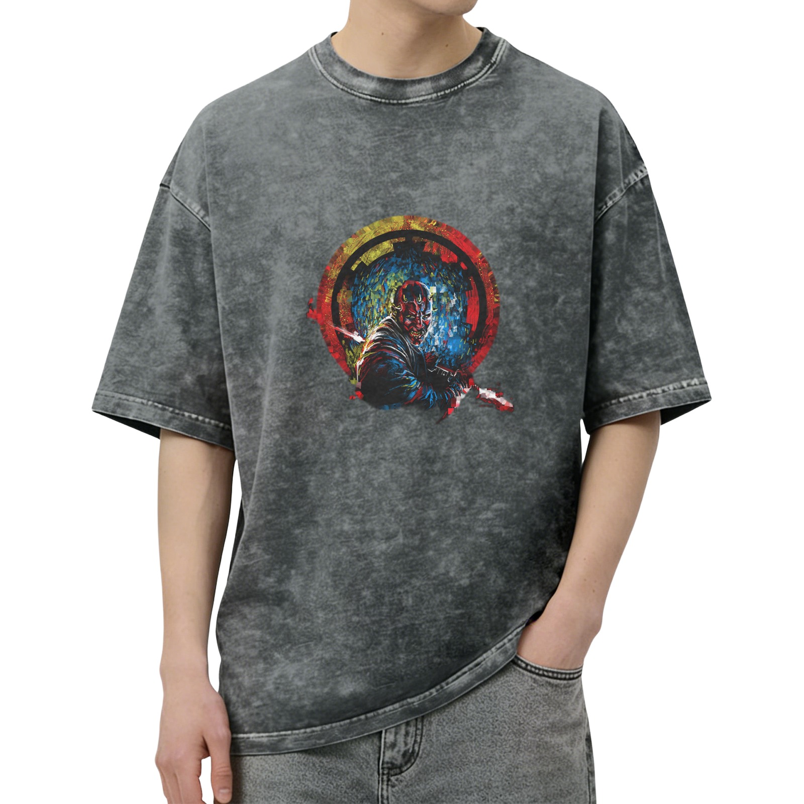 Oversized Acid Wash T-Shirt With Samurai Warrior Graphic