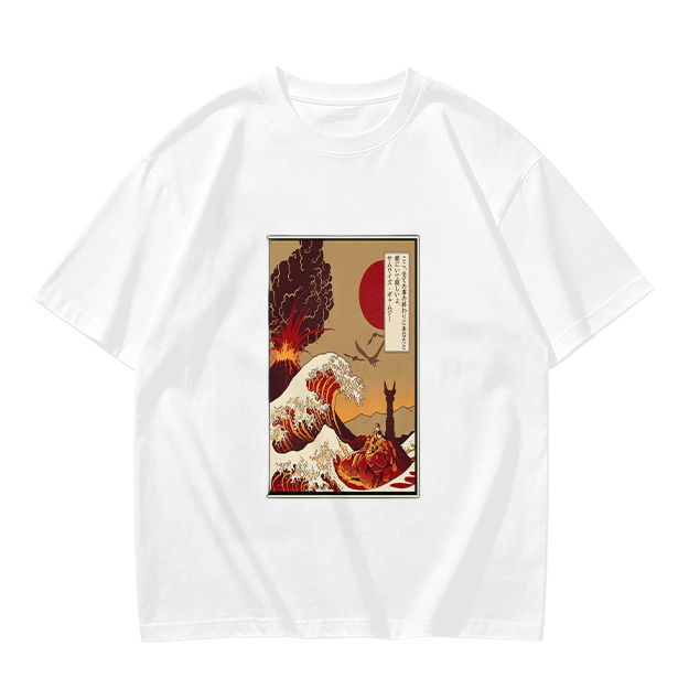 Olive T-Shirt with Ukiyo-e Style Wave and Volcano Print