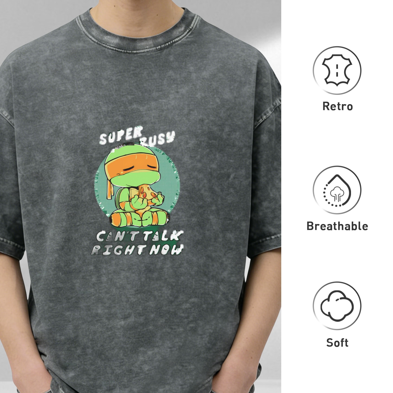 Distressed washed Teenage Mutant Ninja Turtles themed casual T-shirt Fun text printed loose short-sleeved top