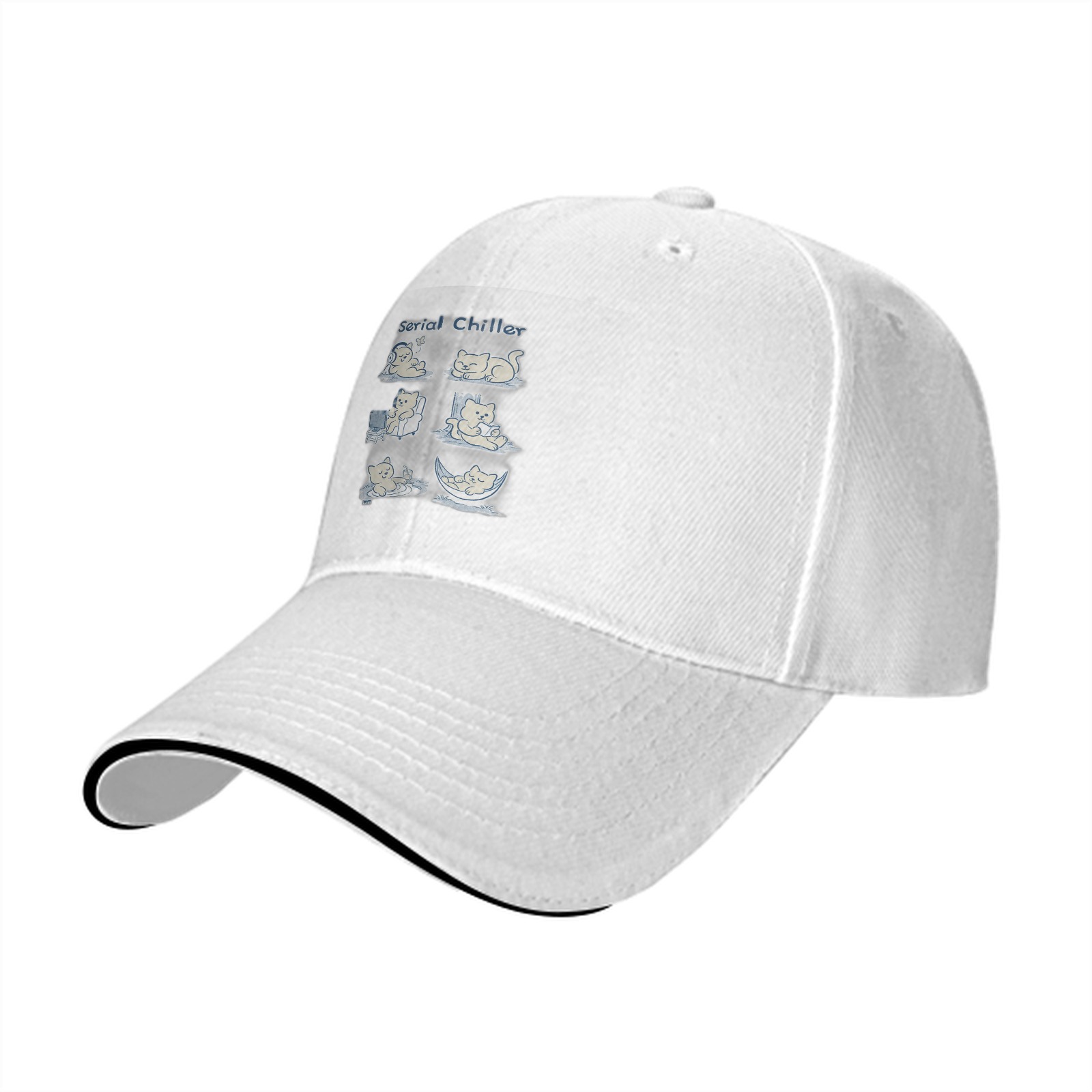 Black baseball cap with serial chillax cat illustrations