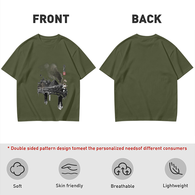 Olive green t-shirt with ink-style piano and landscape graphic
