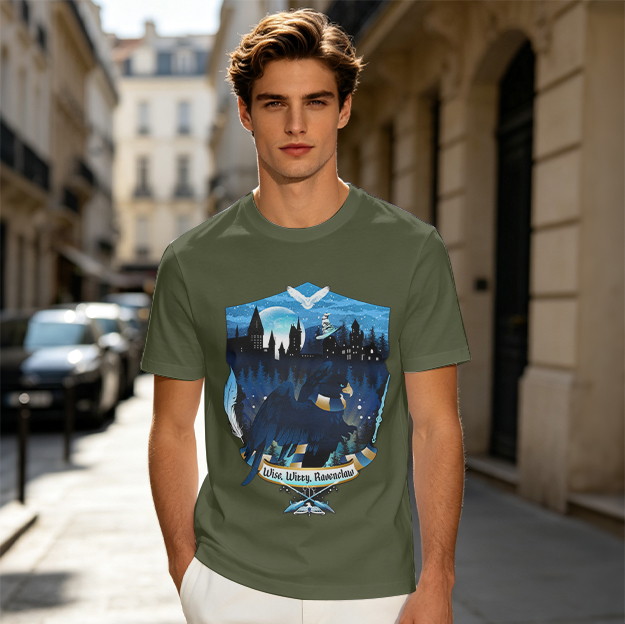 Olive t-shirt with Ravenclaw house crest night castle design