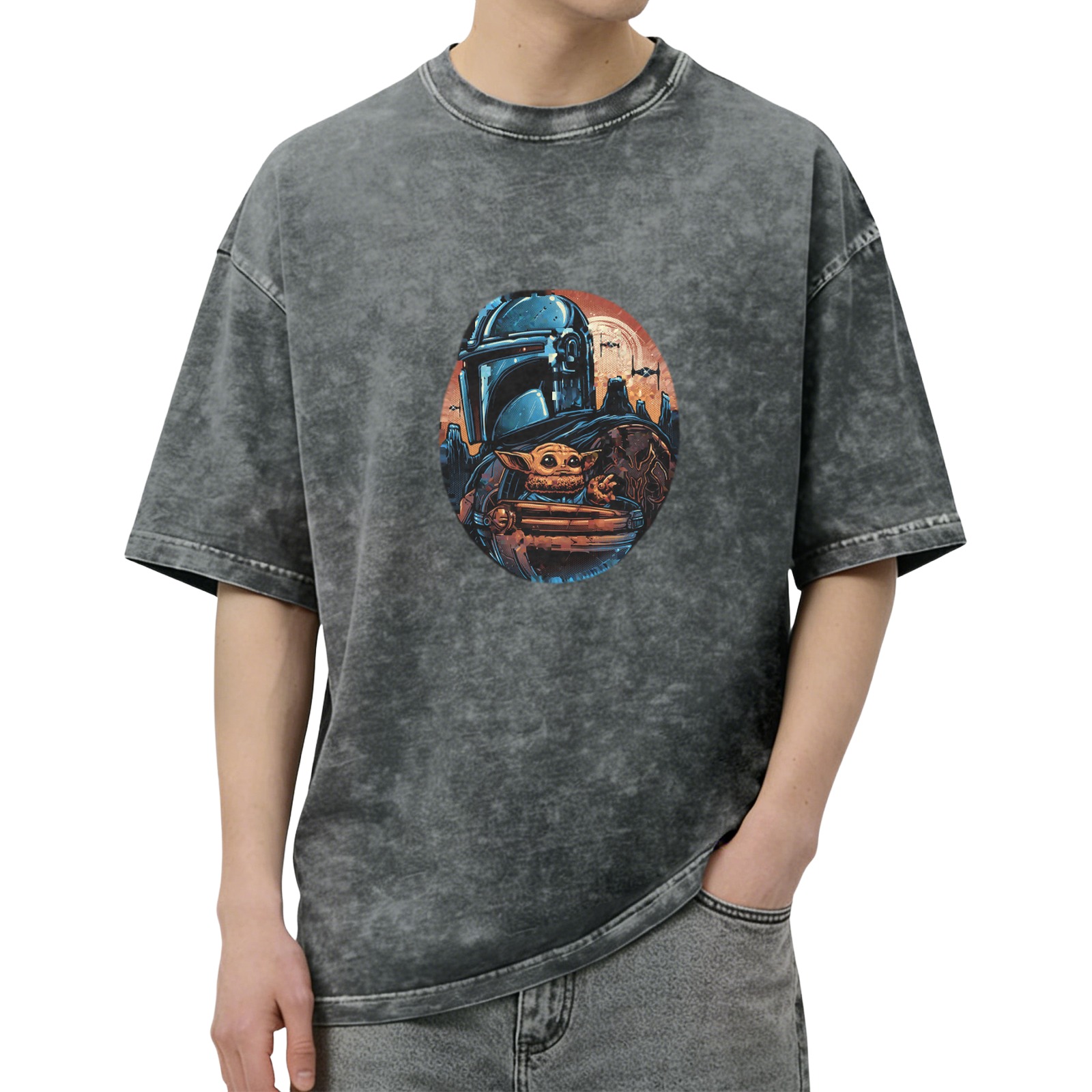 Star Wars The Mandalorian and Grogu Graphic Black Wash T-Shirt