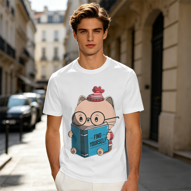 Olive T-shirt with Cute Reading Cat Graphic 'Find Yourself'