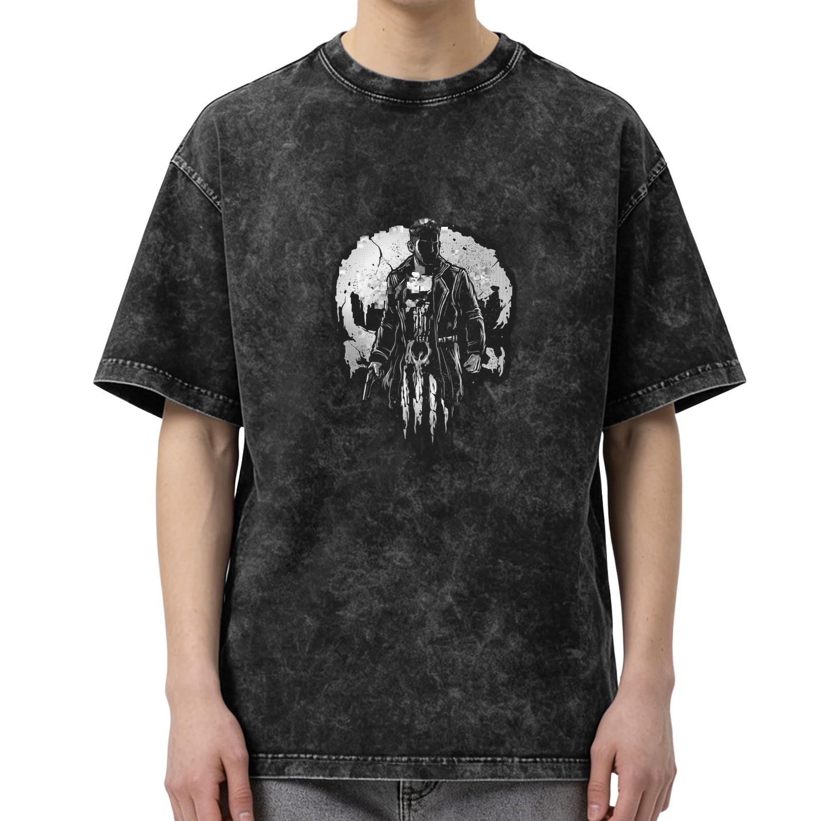 Washed black graphic t-shirt with skull and vigilante character print